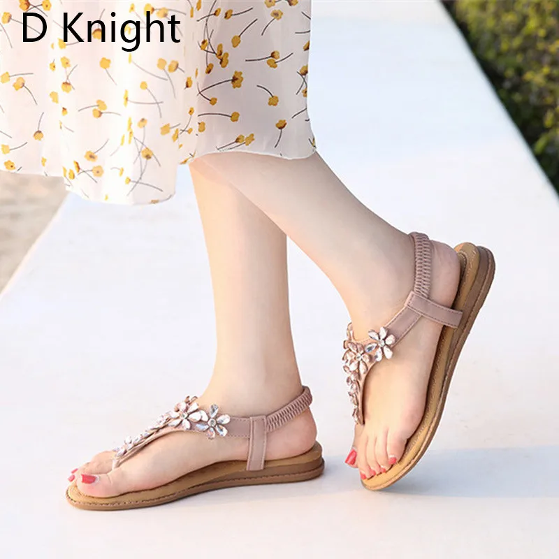  Women Bohemian Crystal Sandals Flat Heel Summer Woman Thong Sandals Flip Flops Comfort Black Lady Shoes Sandal Plus Size 35-42 (20)
