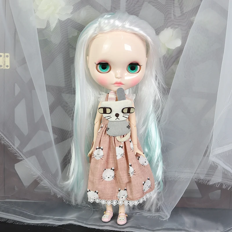 Ледяная фабрика blyth кукла 1/6 bjd белая кожа соединение тела белый микс голубые волосы, новое блестящее лицо резные губы BL136/6909