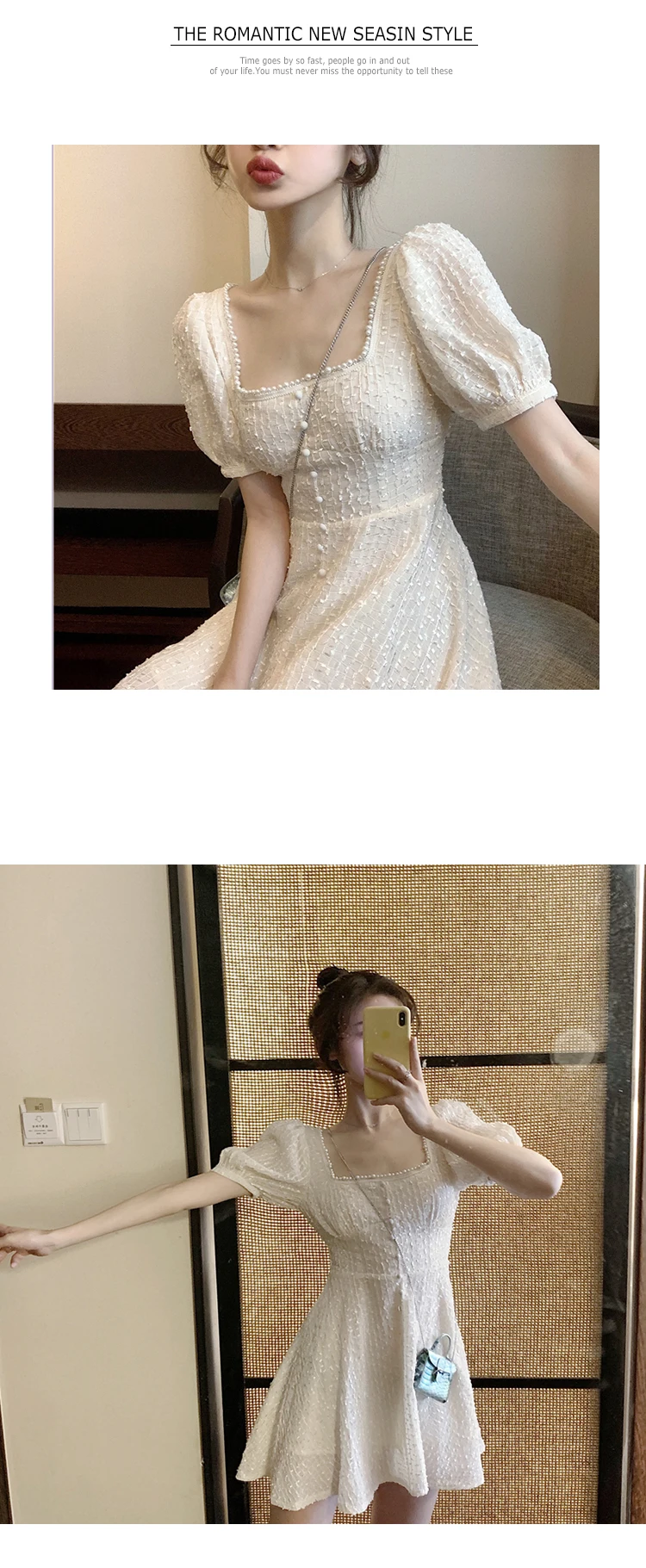 Жемчужное квадратное изящное платье с коротким рукавом и высокой талией, сексуальное жаккардовое кружевное милое винтажное платье с вышивкой, корейские женские вечерние платья на каждый день