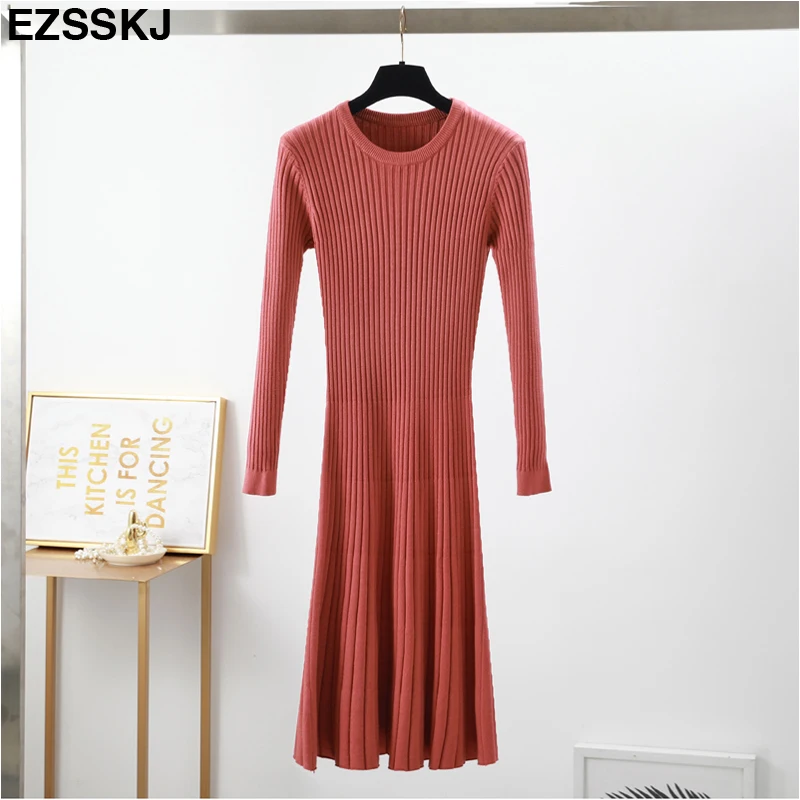 elegant Long sleeve OL O-neck long Sweater dress women Thick knit Autumn Winter dress female Slim A-line basic dress casual pink dress