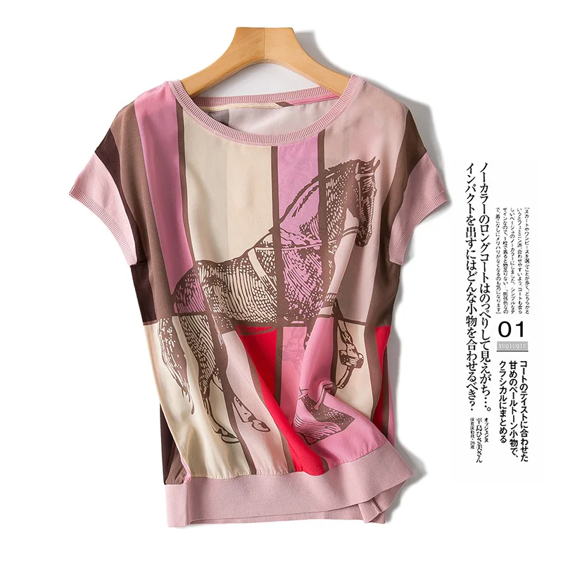 Новая женская одежда в европейском и американском стиле, эксклюзивная рубашка с короткими рукавами и принтом из шелка - Цвет: Розовый