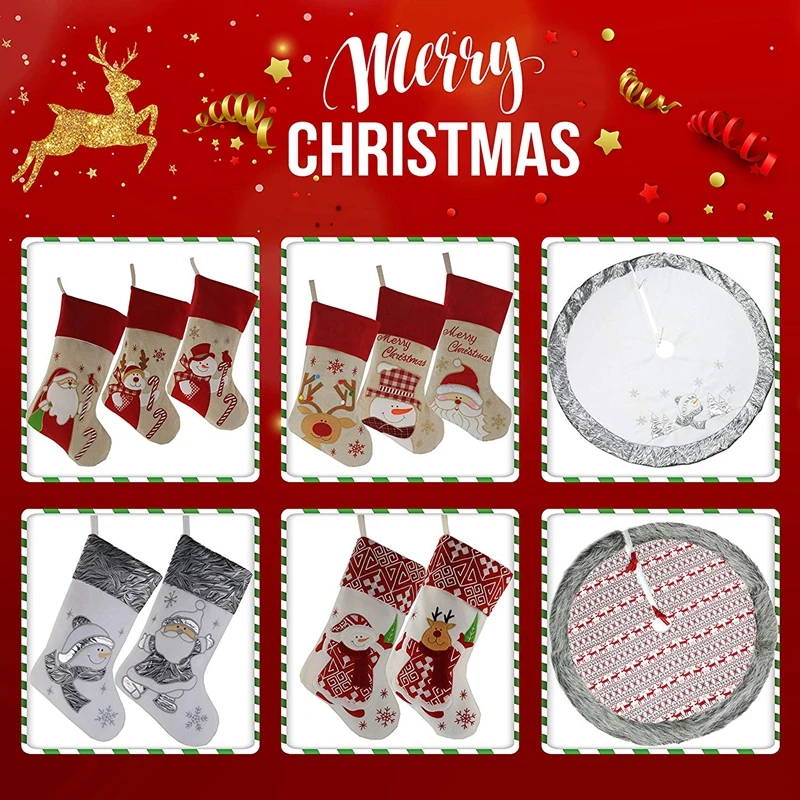Милые рождественские чулки, комплект из 3 предметов, Санта, снеговик, олень, Рождественский персонаж, 3D плюшевая льняная подвесная бирка вязаная, с каймой