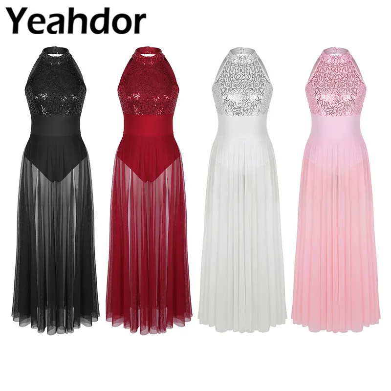 

Womens Adult Sleeveless Halter Sequined Mesh Maxi Ballet Dance Dress with Built-in Leotard Lyrical Ballroom Dance Class Dress