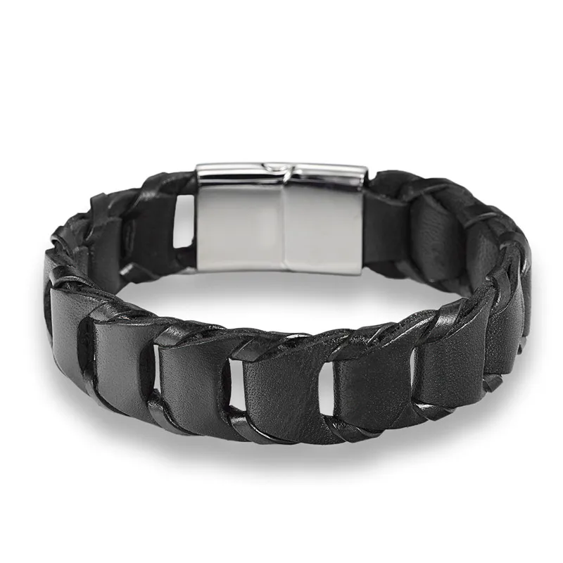 MKENDN, модные ювелирные изделия, мужские кожаные браслеты из нержавеющей стали с магнитной пряжкой, Мужской винтажный браслет, индивидуальный подарок - Окраска металла: Black