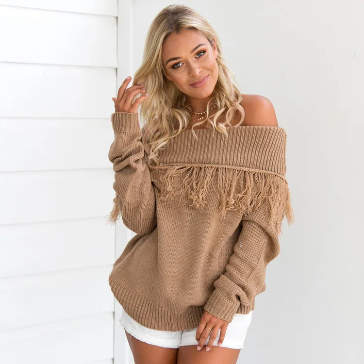 Off Shoulder Women Sweaters Pullovers Jersey Autumn Winter Oversized Knitted Sweater Long Sleeve Jumper Runway Tassel | Женская одежда