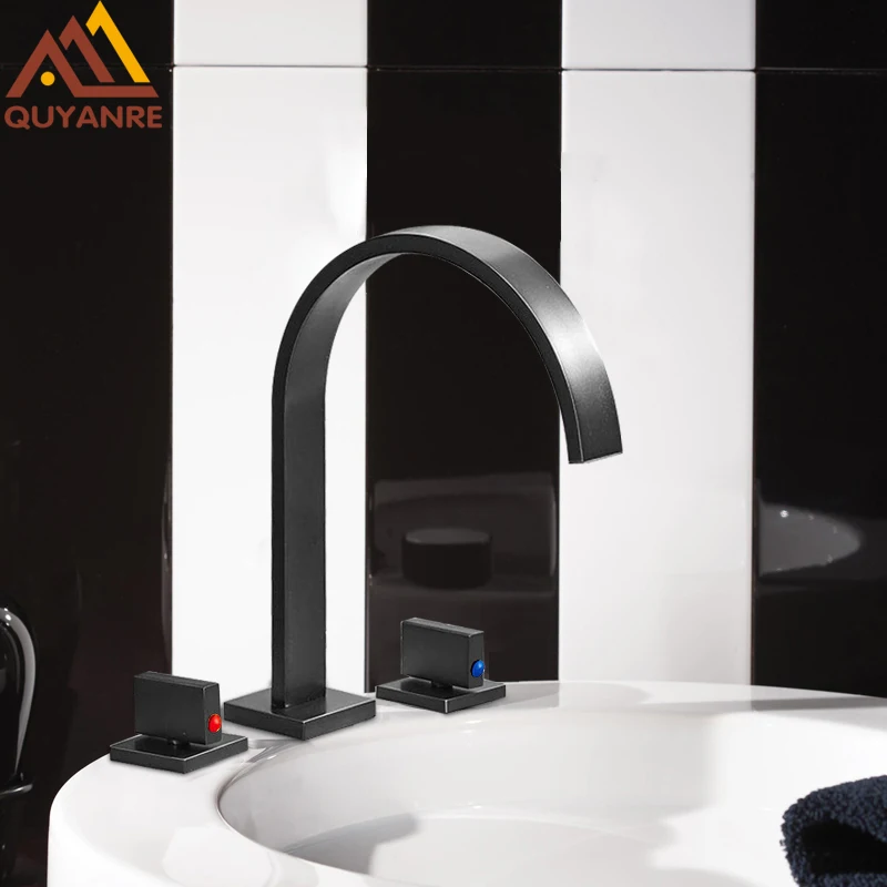 

Quyanre ORB Black Chrome Widespread Square Basin Faucet 3 Holes Dual Handles Mixer Tap Waterfall Tap Bathroom Faucet torneiras