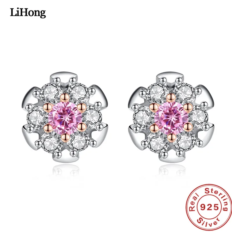 

925 Sterling Silver Stud Earrings Snowflake Pink Crystal AAA Zircon Woman Earrings Jewelry Gift