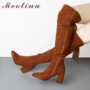

Meotina Winter Over the Knee Boots Women Riband Thick High Heels Boots Pointed Toe Thigh High Boots Ladies Shoes Black Yellow 46
