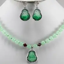 Натуральный 8 мм светло-зеленый резной камень удачи Будда кулон ожерелье серьги fine КВАРЦ 925 Серебряные часы Крылья женские королева