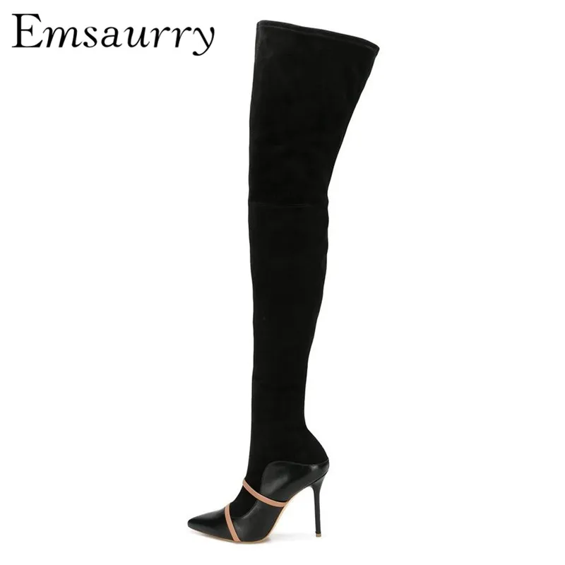 

One-strap Over The Knee Boots 10 Stiletto Heel Sexy Point Toe Leather Suede Patchwork Thigh High Boots Women