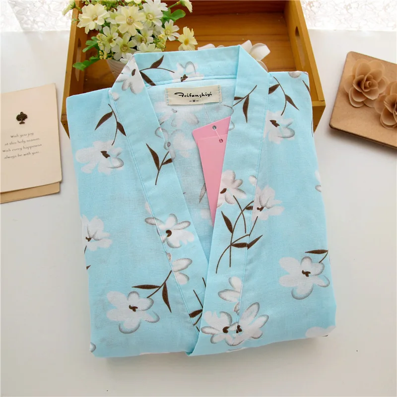 Blue White Flower Японское кимоно халат и брюки женские пижамы наборы хлопок марля спа ванна юката Японский магазин Работа Костюм Мягкая Пижама - Цвет: Blue White Flower