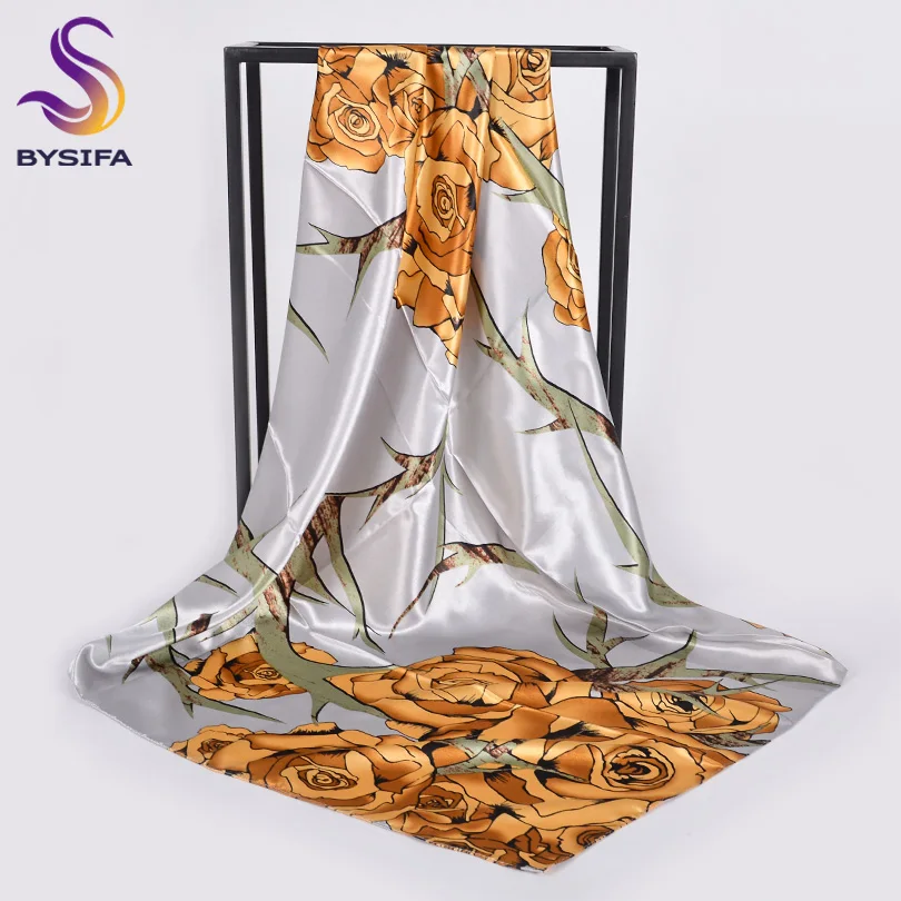 

[BYSIFA] Grey Gold Silk Scarf Shawl Women Elegant Muslim Hijab Scarf New Brand Fall Winter Roses Design Head Scarf Cape 90*90cm