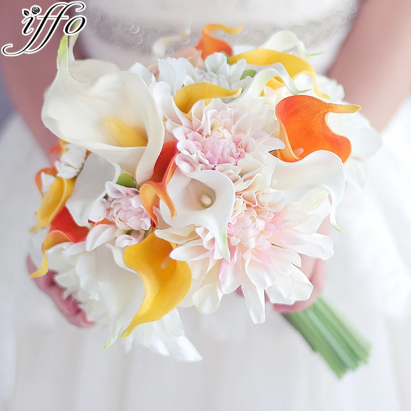 5469 Bouquet De Lys Calla Orange Jaune Bouquet De Fleurs Dahlia Mariage Mariée Mariée Fleurs Artificielles à La Main Décoration Bouquets In