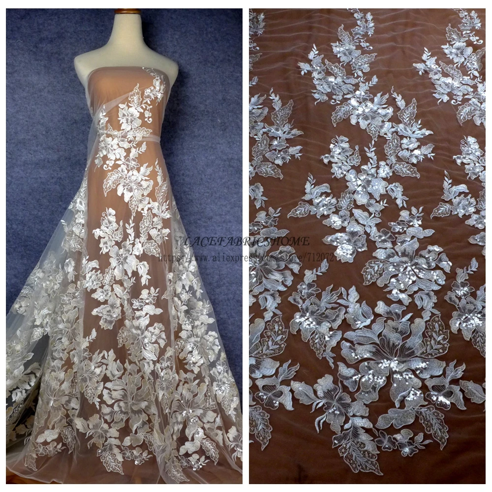 

La Belleza High quality Off white mixed white on mesh wedding dress lace fabric shine sequins bride fabric 51'' width