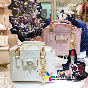 

Japanese Samantha Vega 2018 Christmas Handbag Pearl bow handbag shoulder diagonal cross bag wowen messenger bag messenger bag