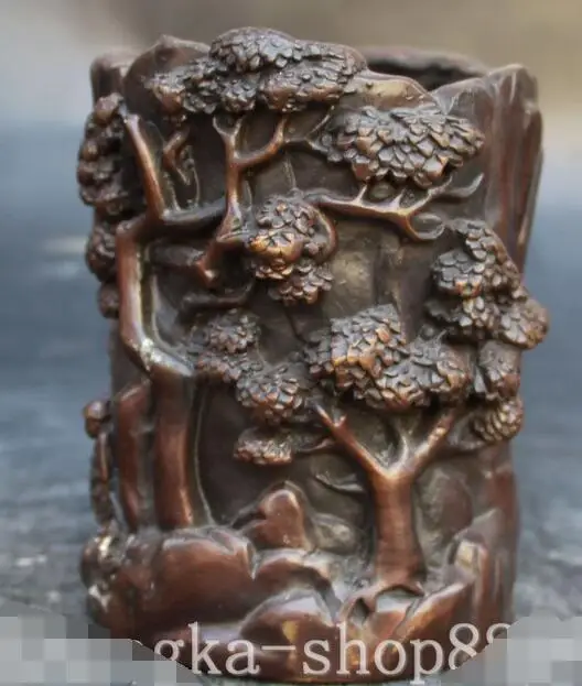 

Chinese Fengshui Bronze Tree Scenery Pen Container Brush Pot Pencil Vase Statue