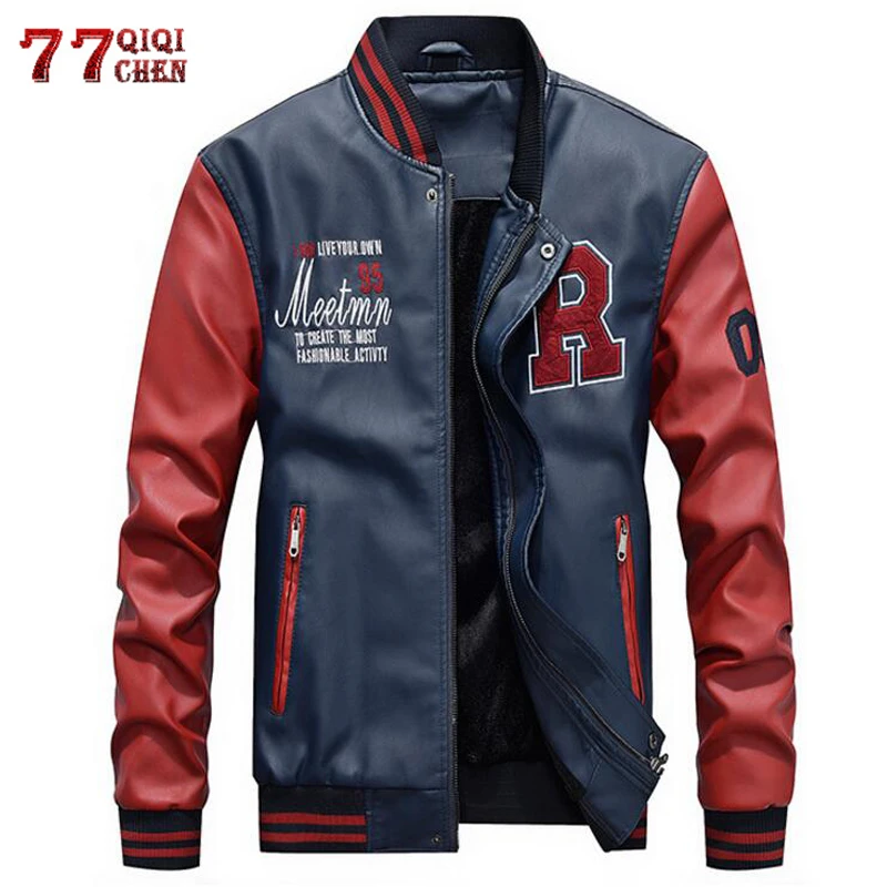 

Men's Jacket Embroidery Baseball Jacket Pu Faux Leather Coats Slim Fit Zipper Casual College Luxury Fleece Pilot Leather Jacket