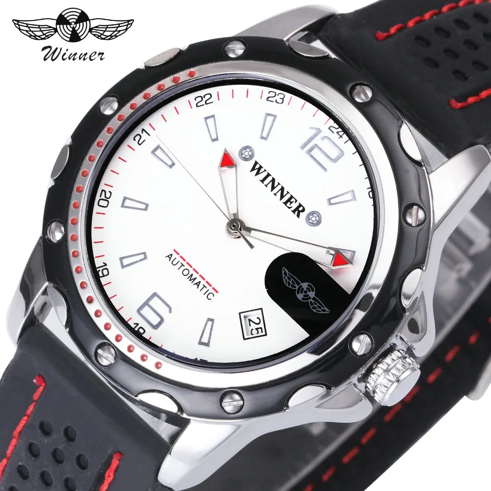 

WINNER Sport Men Automatic Mechanical Watch Rubber Strap Date Display Arabic Number Minimum Design Fashion Style Wristwatch Gift