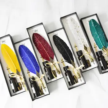 

European Style Gilding Feather Pen Nibbed Dip Writing Ink Quill Pens Set for School Stationery Gifts Art Supplies