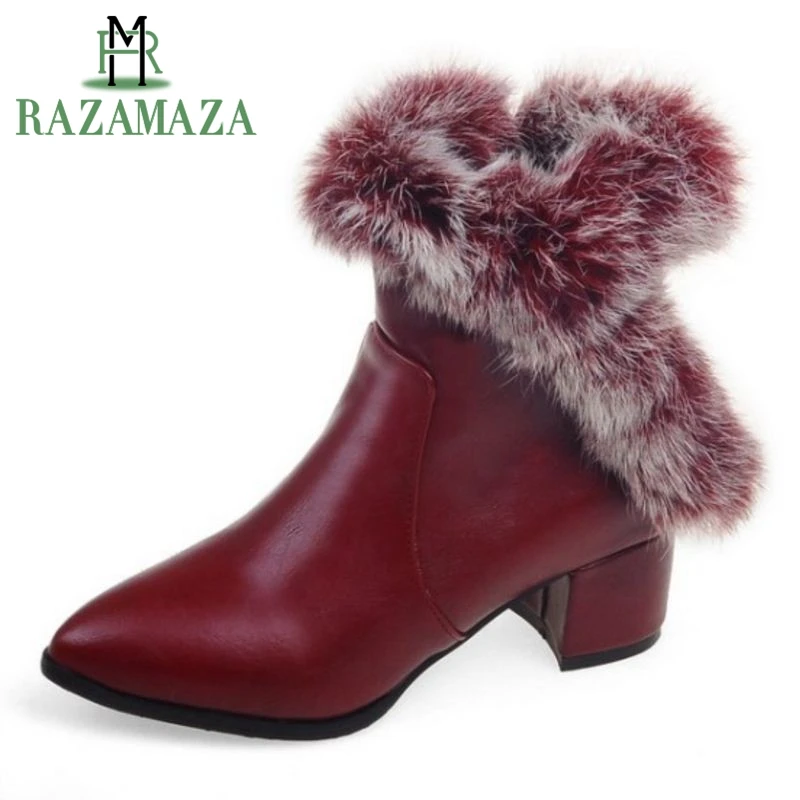 

RAZAMAZA Plus Size 31-48 Winter Shoes Women Thick High Heel Ankle Winter Boots For Women Zip Pointed Toe Warm Fur Inside Botas