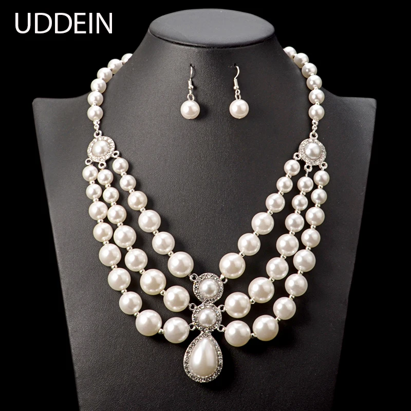 

UDDEIN Wedding Jewelry Bride Necklace Big Simulated Pearl Pendant Statement Choker Necklace Multi Layer Pearl Necklace Collier