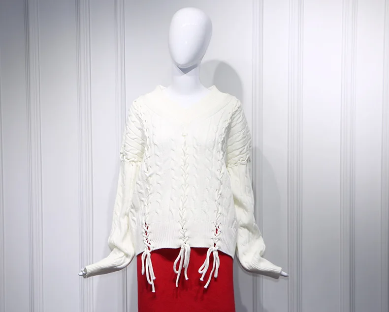 Star Yang Mi with White Linen Lace Loose V-neck Sweater 2019 Pullovers V-Neck Fashion Sweater Women Star Yang Mi with White Linen Lace Loose V-neck Sweater 2019 Pullovers V-Neck Fashion Sweater Women