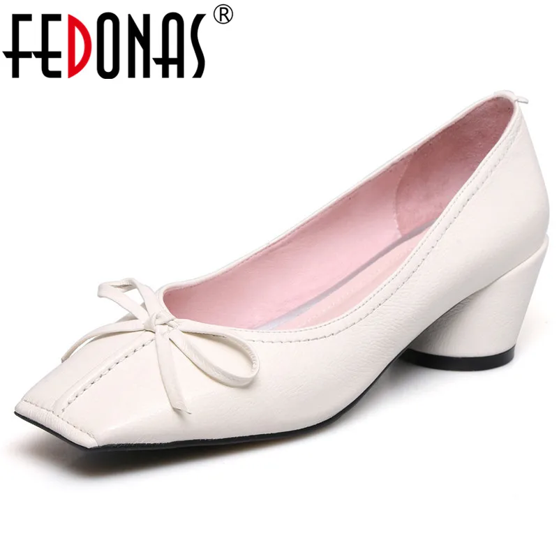 

FEDONAS 2018 WomenThick High Heels Genuine Leather Pumps Elegant Butterflay Spring Autumn Square Toe Shoes Woman New Pumps
