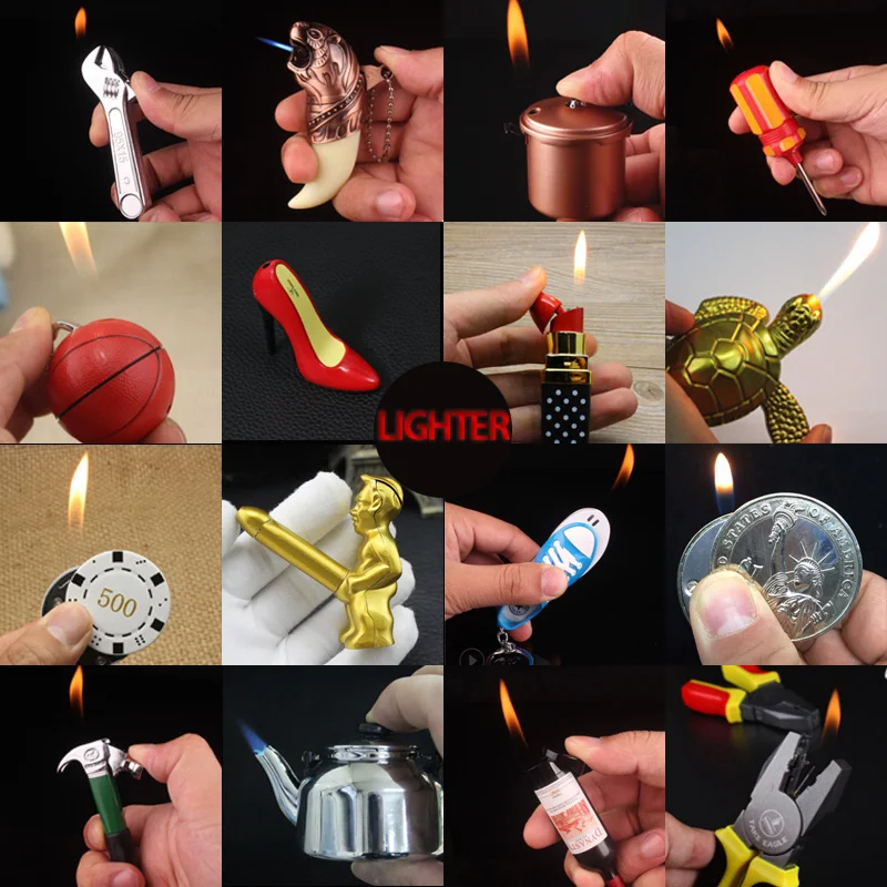 21 Style Creative Mini Unique Lighter Butane Flame Metal Cigarette Lighters Torch Toys Model Lighter Novelty Gadget Gift NO GAS