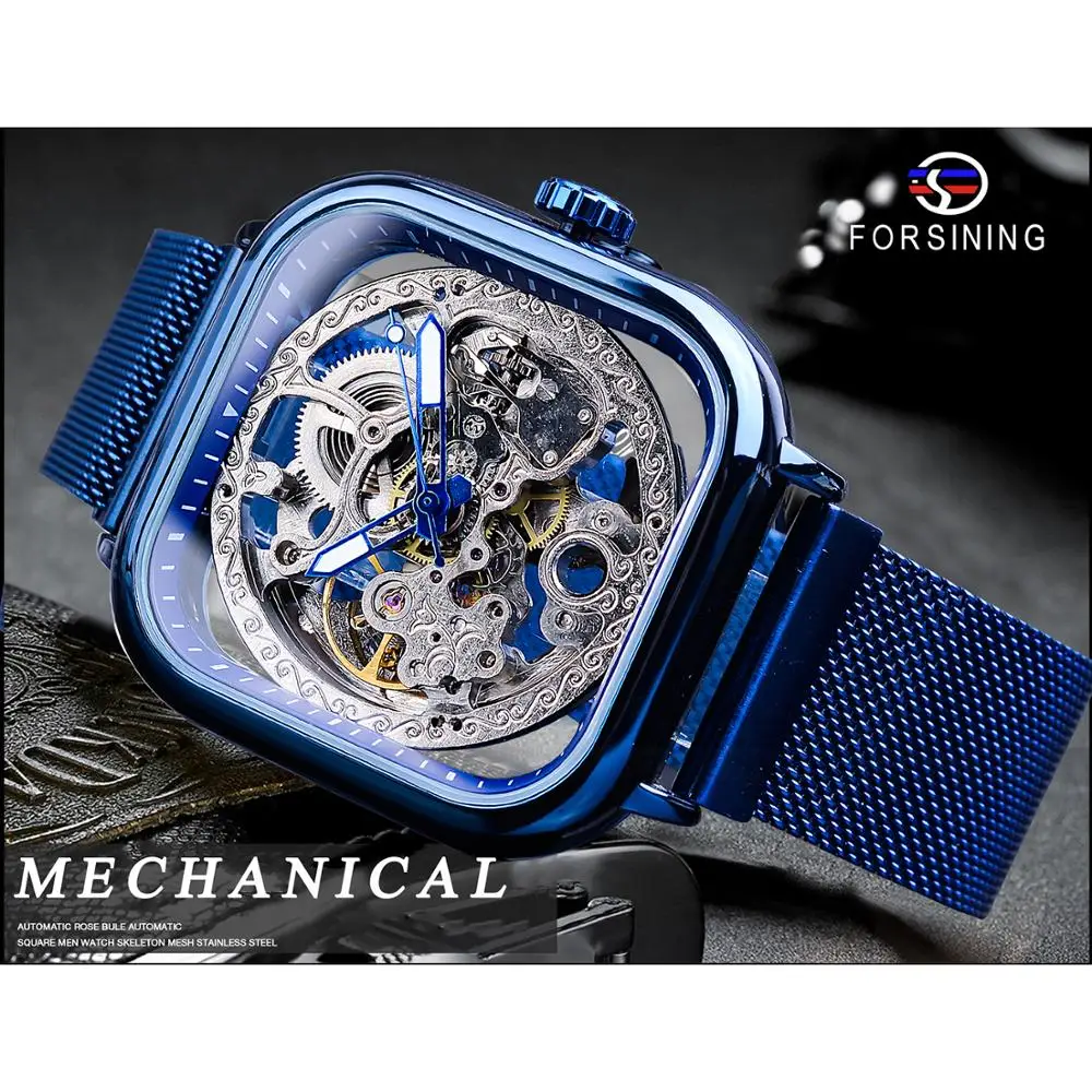 Forsining Blue Watches For Mens Automatic Mechanical Fashion Dress Square Skeleton Wrist Watch Slim Mesh Steel Band Analog Clock