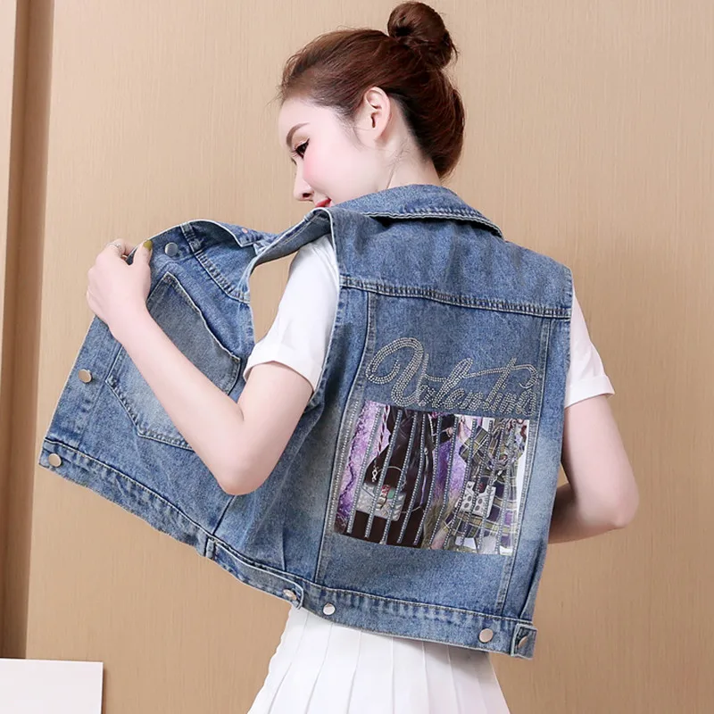 

Spring Autumn Sleeveless Denim Vest Women Fashion Printed Beading Coat 2019 Female Casual Vintage Jeans Jackets Plus Size 5XL