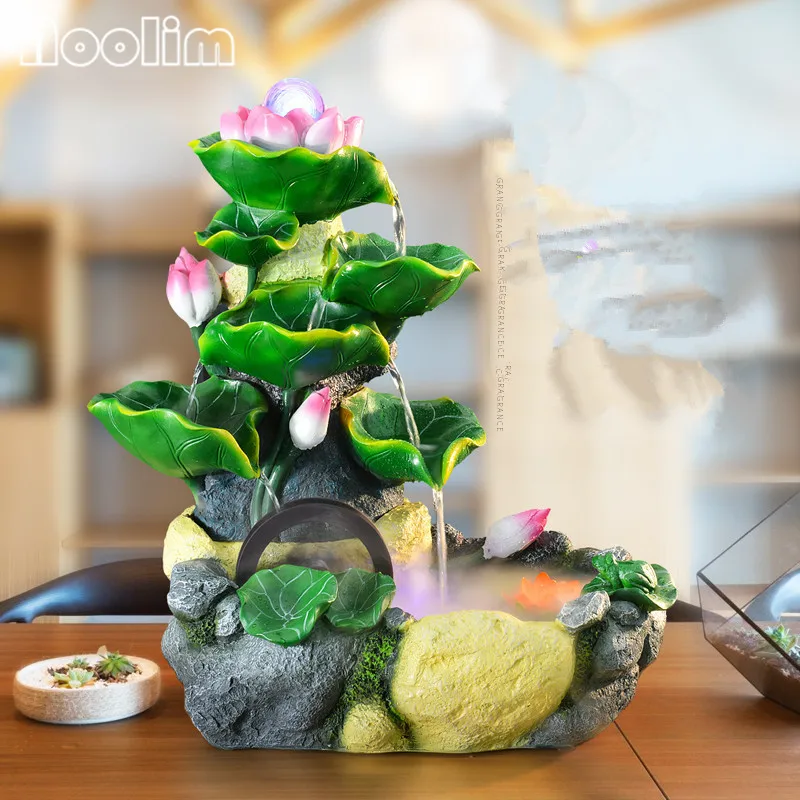 

Resin Lotus Desktop Feng Shui Rockery Water Fountain Fish Pond Living Room Indoor Humidifier Lucky Decoration Opening Gift