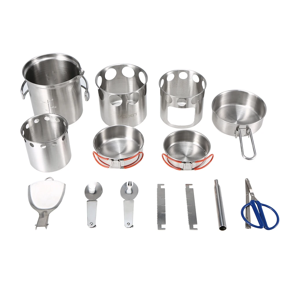 

13Pcs Camping Pot Hiking Picnic Tourist Tableware Set Folding Wood Stove Pot Set Bowls Spoon Fork Cutter Tableware Cooking Set