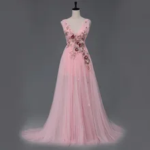 Long Sexy Party Dress Tulle Gown Deep V-neck Low Back Sheer Bottom Evening Dress with Handmade Flowers