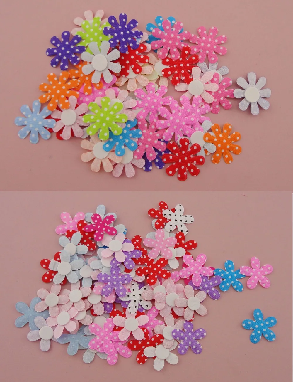 

50PCS 2.6cm Assorted colors polka dots printing fabric flowers Applique patches with Adhesive back, Adhesive fabric flower DIY
