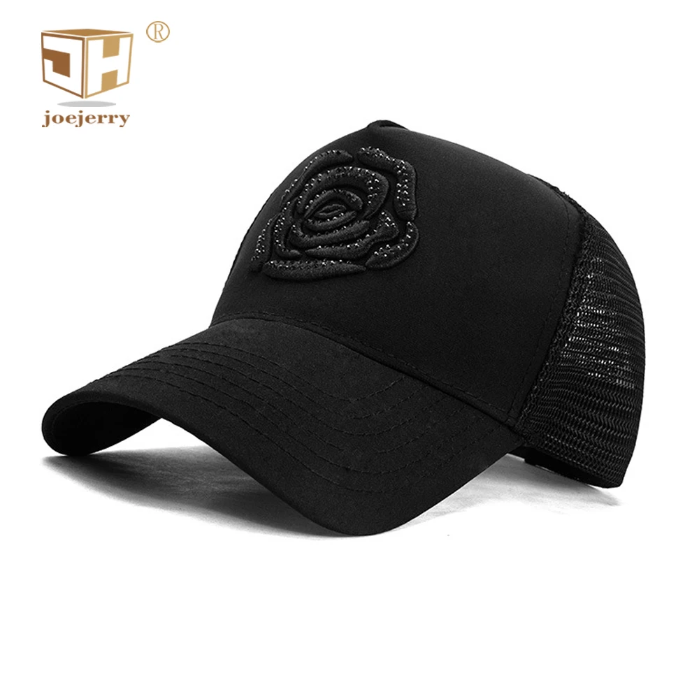 

JOEJERRY Black Baseball Cap Women Mesh Embroidery Cap Trucker Rose Floral Women's Rhinestone Baseball Caps Men