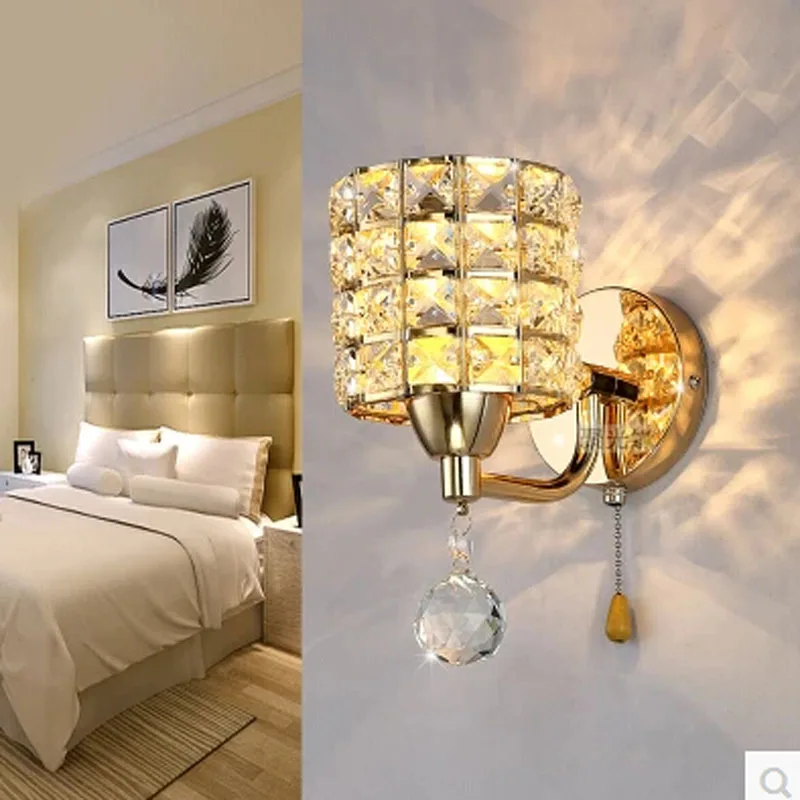 Günstige AC85 265V pull kette schalter kristall wand lampe leuchtet Moderne Reißverschluss Edelstahl Basis beleuchtung wandleuchter lamparas de pared