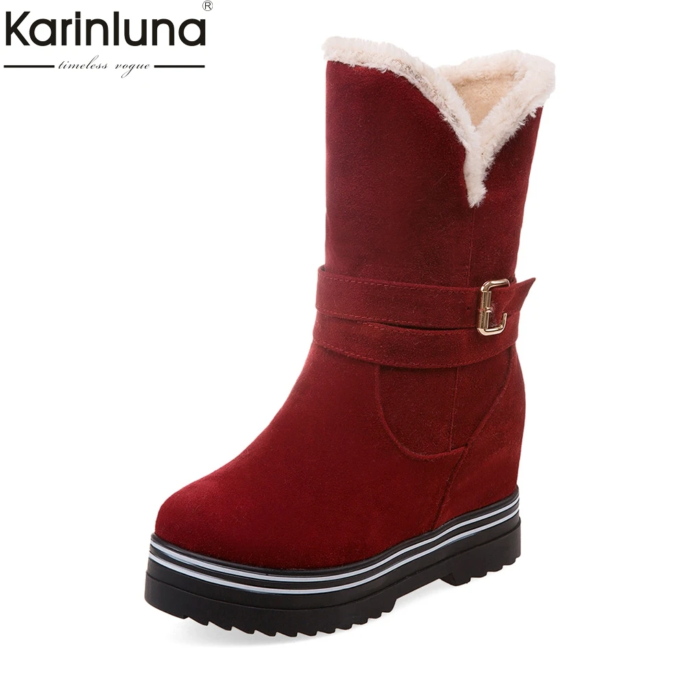 

KarinLuna large Size 33-43 Add Fur Snow Boots increasing heels Female Women Shoes Winter Boots Slip On Hot Sale Mid Calf Boots