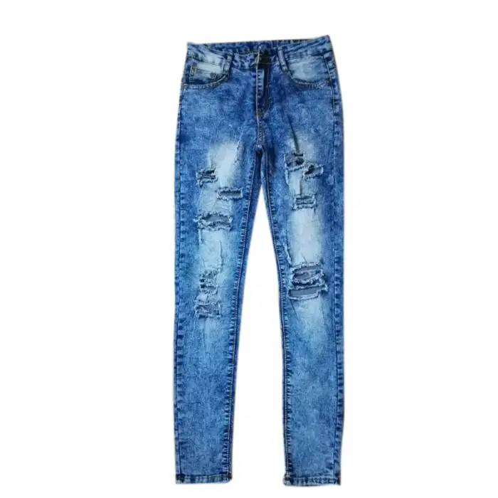 Женские джинсы эластичные Slim Fit отверстия длинные узкие брюки HSJ88