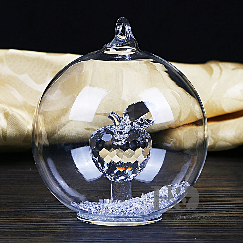 

H&D Crystal Glass Ornament for Hanging - 3.3inch Clear Crystal Cut Apple in Glass Dome Wedding Decor Gifts
