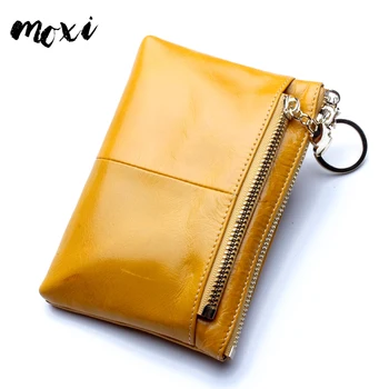 

MOXI Women Coin Pocket Genuine Leather Female Wallet Leisure Candy Color Key Pocket Zipper Oil Wax Leather Money Bag Coin Purse