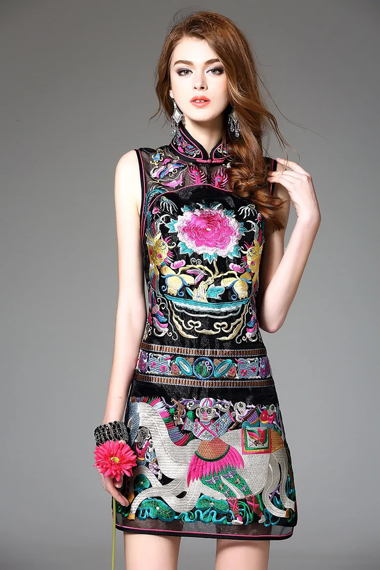 Высокое качество китайский Для женщин платье из органзы с цветочной вышивкой современный платье Чонсам Sexy Тонкий рукавов Qipao размеры s m l xl MD017