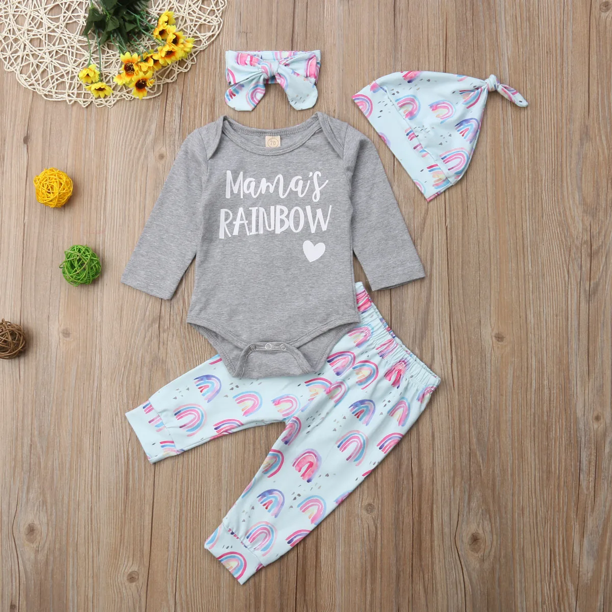 

4PCS Newborn Baby Girls Long Sleeve Romper Tops +Pants Hat Headband Outfits Clothes 0-18M