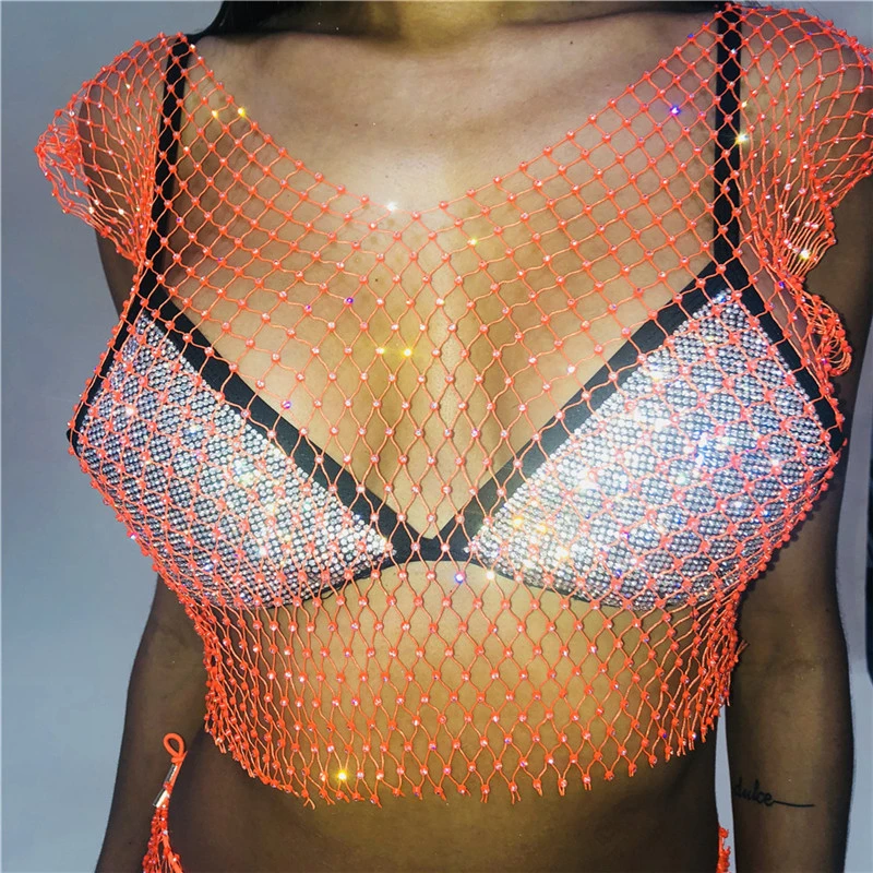 

Hot Sale Fishnet Glitter Diamonds See Through Crop Tops Sleeveless Hollow Out Patchwork Tank Tops Summer Beach Vacation Tops