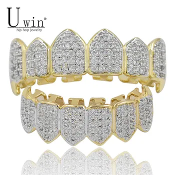 

UWIN Hip Hop GRILLs Iced Out AAA Zircon Fang Mouth Teeth Grills Caps Top & Bottom Grill Set Men Women Vampire Grills Jewelry