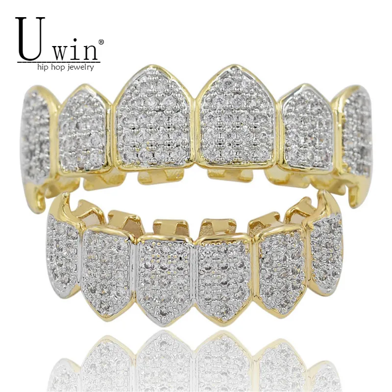 Goede UWIN Hip Hop GRILLs Iced Out AAA Zirkoon Fang Mond Tanden Grills Caps Top Bottom Grill Set Mannen Vrouwen vampire Grills Sieraden