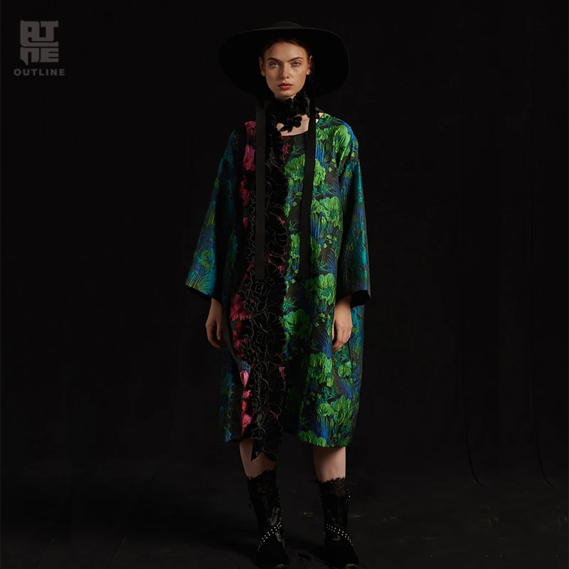 

Outline Women Casual Spring Green Floral Pullover Dresses Full Sleeve Mid Calf Pockets Jacquard Weave O-Neck Vestidos L183Y002