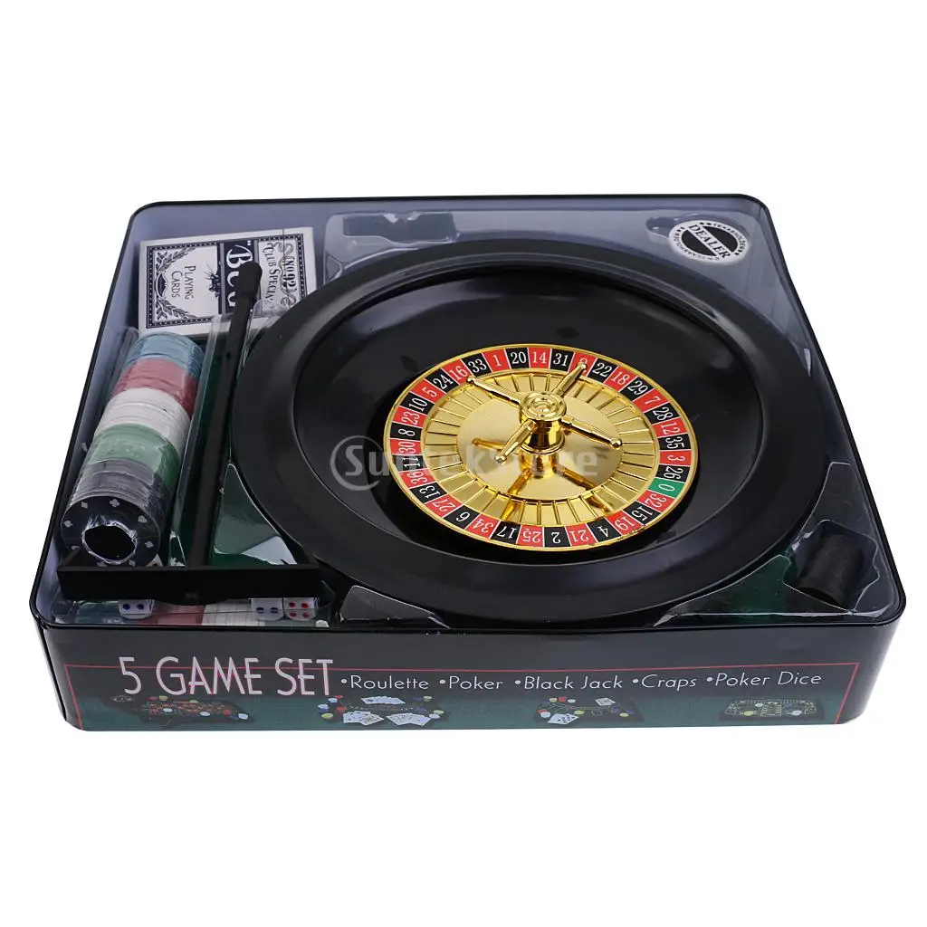 Simulation Casino Game Set 5 in 1 Metal Case Gift Toys for Party Gathering 100 Pieces Poker Chips Roulette Balls Felt Mat Dice