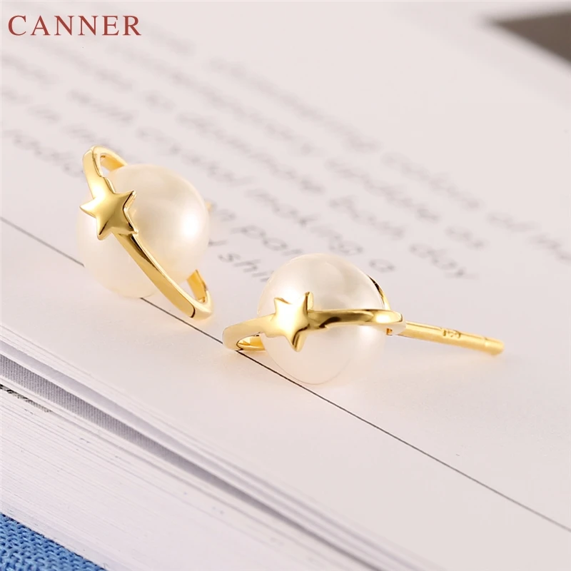 925 Sterling Silver Planet Star Stud Earrings for Women Gold Color Pearl Earrings 2019 Wedding Jewelry Gifts boucle d