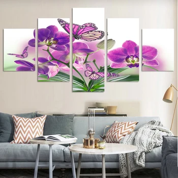 

5 Piece art wall picture abstract Modern Wall Painting purple rose blue flower butterfly Home Decorative Art Paint on Canvas