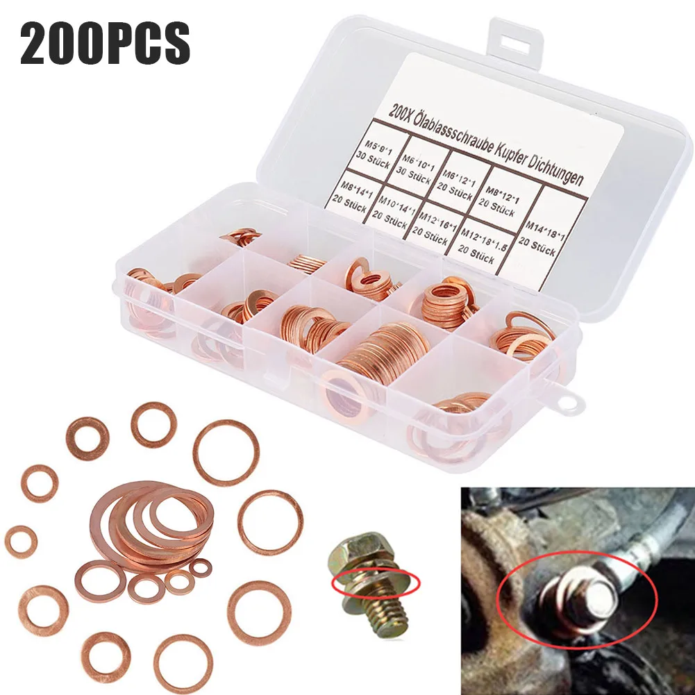

200pcs Seal Ring Assortment Set Copper Seals Oil Copper Rings Washers Box CLH@8